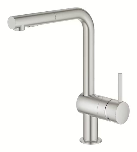 Bateria zlewozmywakowa Grohe Minta z wysoką wylewką L i wyciąganą wylewką prysznicową w wykończeniu supersteel.