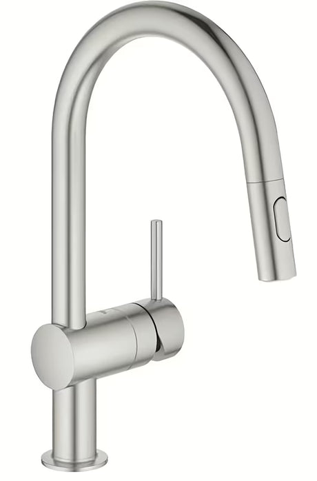 Bateria zlewozmywakowa Grohe Minta w wykończeniu supersteel z wysoką obrotową wylewką i wyciąganą wylewką