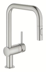 Bateria zlewozmywakowa Grohe Minta supersteel z wysoką obrotową wylewką i wyciąganą wylewką prysznicową