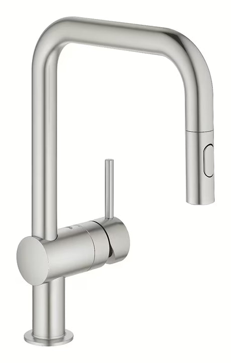 Bateria zlewozmywakowa Grohe Minta supersteel z wysoką obrotową wylewką i wyciąganą wylewką prysznicową