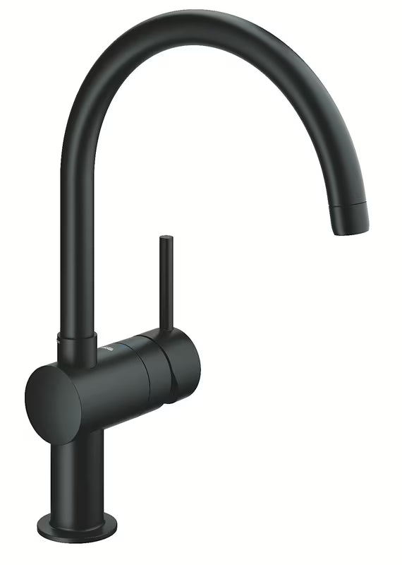 Grohe Minta jednouchwytowa bateria zlewozmywakowa z wysoką wylewką C w wykończeniu czarny mat Velvet Black.