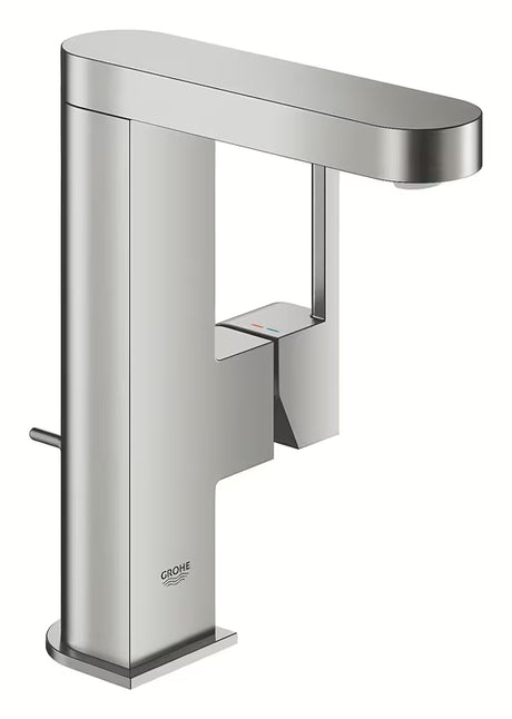 Bateria umywalkowa jednouchwytowa Grohe Plus w wykończeniu supersteel z obrotową wylewką i zestawem odpływowym.