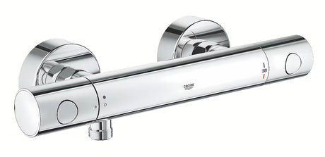 Chromowana termostatyczna bateria prysznicowa Grohe Precision Get pro do montażu ściennego z blokadą bezpieczeństwa SafeStop.