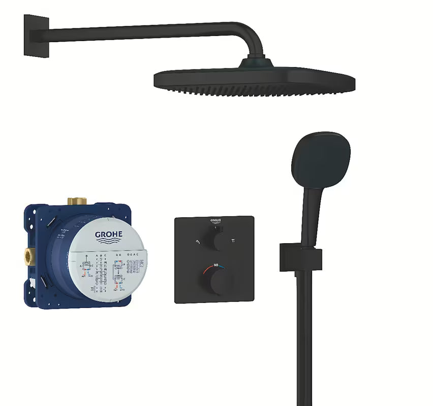 Podtynkowy system prysznicowy Grohe Precision Thermostat w matowej czerni z deszczownicą i słuchawką prysznicową