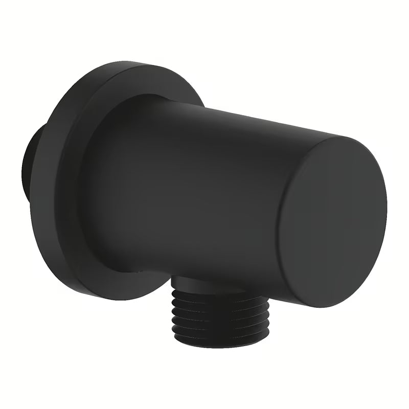 Przyłącze kątowe Grohe Rainshower z okrągłą rozetą w kolorze phantom black.