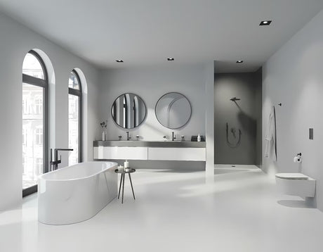 Ścienny uchwyt prysznicowy Grohe Rainshower z okrągłą rozetą w wykończeniu Brushed Hard Graphite.