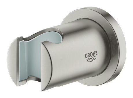 Ścienny uchwyt prysznicowy Grohe Rainshower z okrągłą rozetą w matowym wykończeniu ze stali nierdzewnej supersteel.