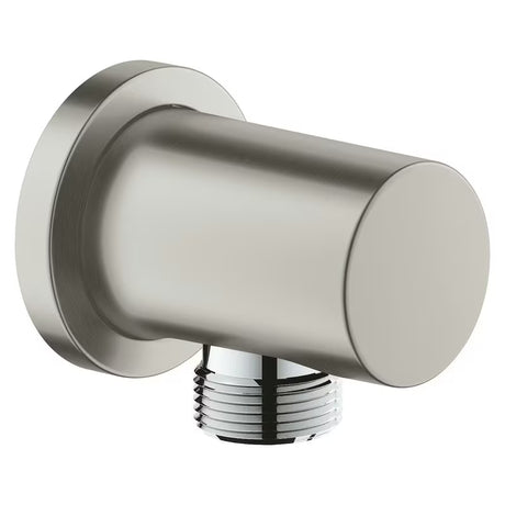 Przyłącze kątowe Grohe Rainshower neutral z okrągłą rozetą w wykończeniu stal nierdzewna mat supersteel.