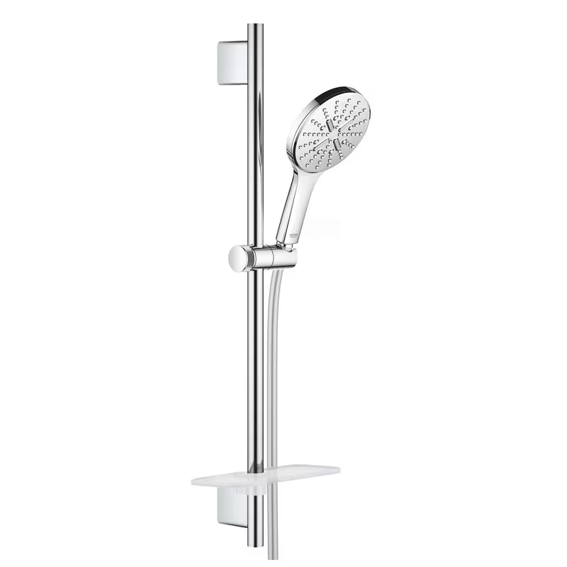 Chromowany zestaw prysznicowy Grohe Rainshower smartactive ze słuchawką prysznicową, drążkiem, wężem i półką