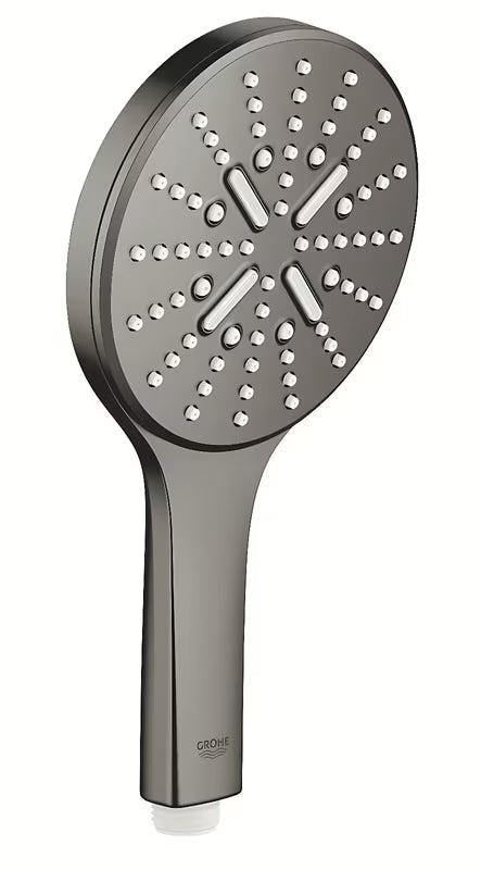 Słuchawka prysznicowa Grohe Rainshower 130 SmartActive w wykończeniu szczotkowany Hard Graphite z trzema rodzajami strumienia.