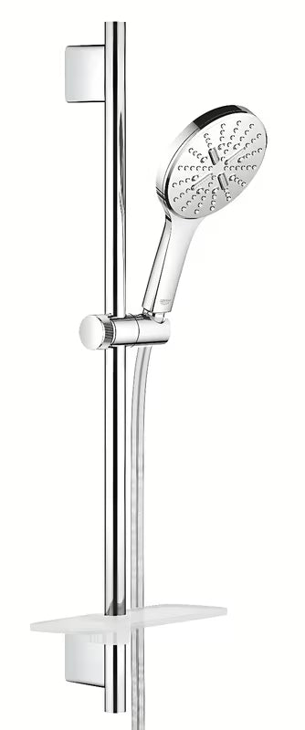 Chromowany zestaw prysznicowy Grohe Rainshower smartactive ze słuchawką prysznicową, drążkiem, wężem Silverflex i półką EasyReach