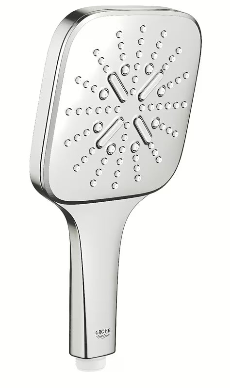 Słuchawka prysznicowa Grohe Rainshower 130 SmartActive Cube w wykończeniu supersteel z trzema rodzajami strumienia.