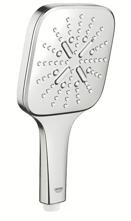 Słuchawka prysznicowa Grohe Rainshower 130 SmartActive Cube w wykończeniu supersteel z trzema rodzajami strumienia.