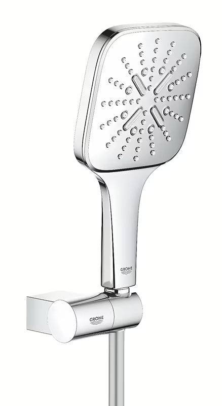 Chromowany zestaw prysznicowy Grohe Rainshower smartactive Cube z słuchawką prysznicową z 3 rodzajami strumienia i wężem Silverflex