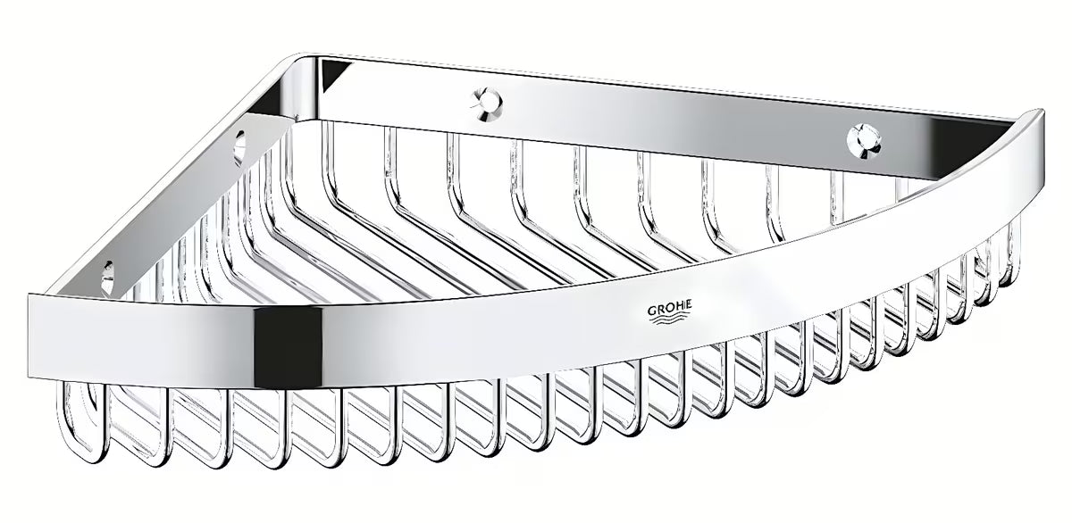Chromowany półka narożna Grohe Selection Cube pro do montażu ściennego w nowoczesnej łazience.