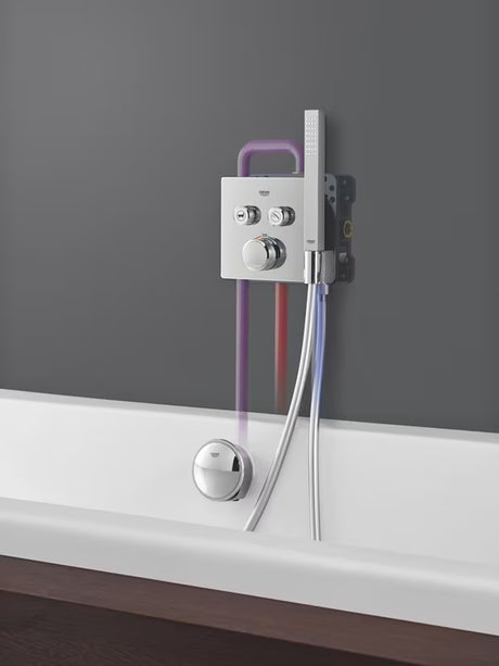 Podtynkowa termostatyczna bateria prysznicowa Grohe Grohtherm smartcontrol w chromowanym, kwadratowym designie.