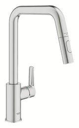 Bateria zlewozmywakowa Grohe Start 2021 w wykończeniu supersteel z wysoką obrotową wylewką i wyciąganą wylewką.