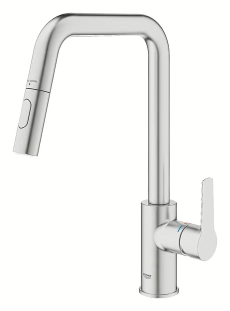 Bateria zlewozmywakowa Grohe Start 2021 w wykończeniu supersteel z wysoką obrotową wylewką i wyciąganą wylewką.