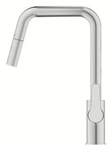 Bateria zlewozmywakowa Grohe Start 2021 w wykończeniu supersteel z wysoką obrotową wylewką i wyciąganą wylewką.