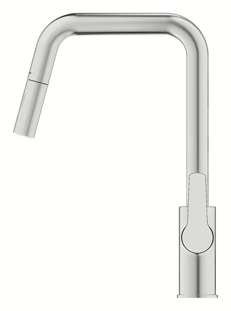 Bateria zlewozmywakowa Grohe Start 2021 w wykończeniu supersteel z wysoką obrotową wylewką i wyciąganą wylewką.