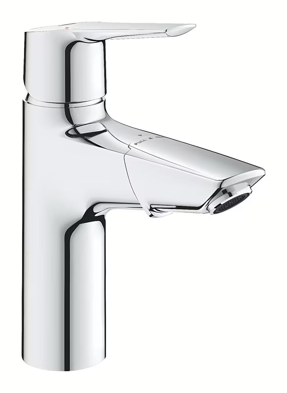 Chromowana bateria umywalkowa Grohe Start z uchwytem dźwigniowym i wyciąganą wylewką.
