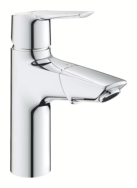 Chromowana bateria umywalkowa Grohe Start z uchwytem dźwigniowym i wyciąganą wylewką.