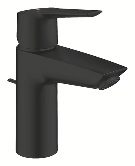 Matowoczarna jednouchwytowa bateria umywalkowa Grohe Start do montażu stojącego z korkiem automatycznym.