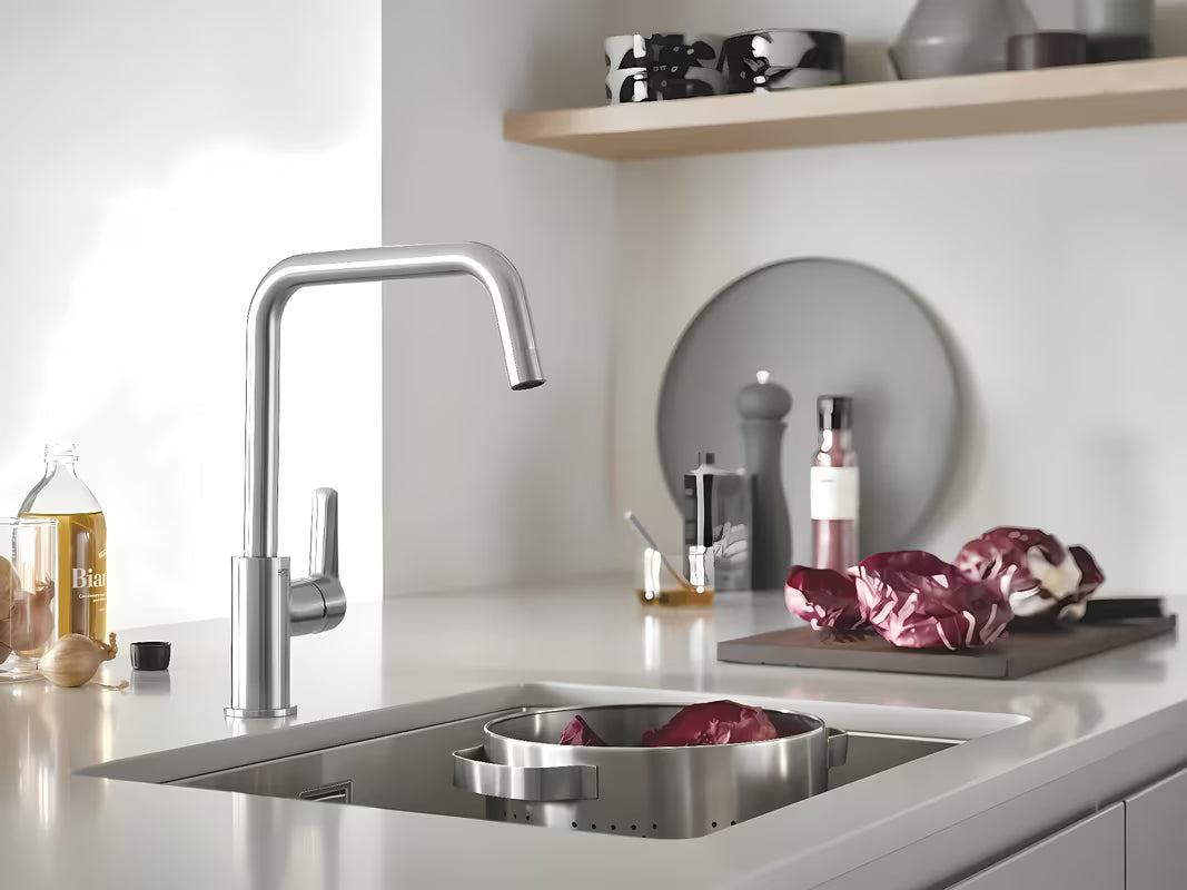 Jednouchwytowa bateria zlewozmywakowa Grohe Start z wysoką obrotową wylewką U w wykończeniu supersteel