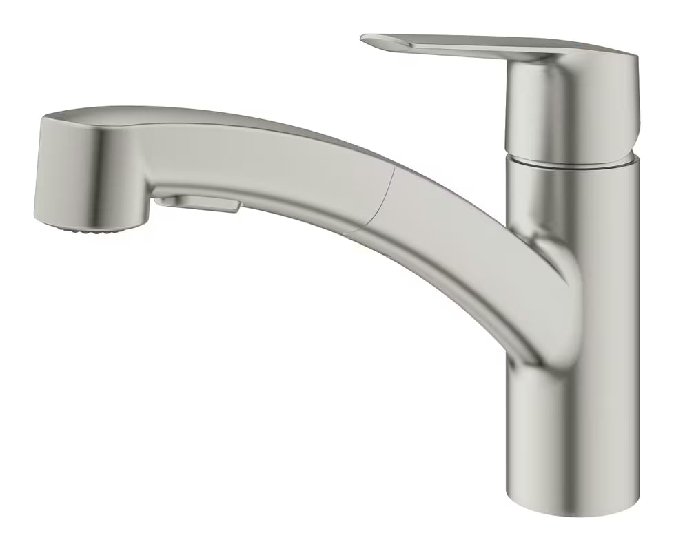 Kuchenna bateria jednouchwytowa Grohe Start supersteel z wyciąganą dwu-funkcyjną wylewką i obrotową wylewką