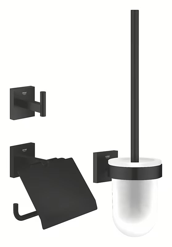 Grohe Start Cube zestaw akcesoriów łazienkowych w kolorze matowej czerni z uchwytem papieru, haczykiem i MISKA wc szczotką.
