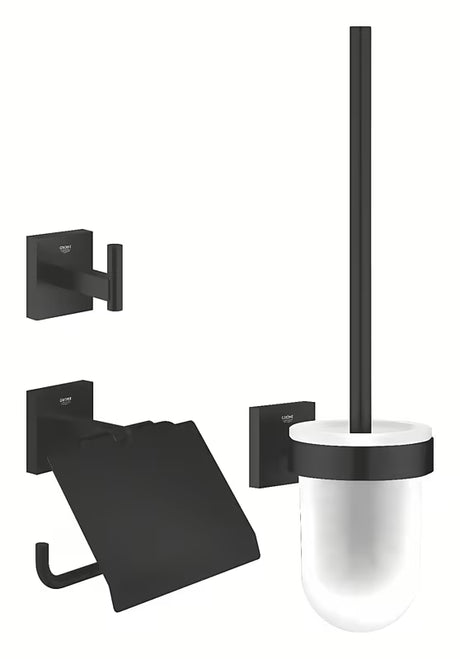 Grohe Start Cube zestaw akcesoriów łazienkowych w kolorze matowej czerni z uchwytem papieru, haczykiem i MISKA wc szczotką.