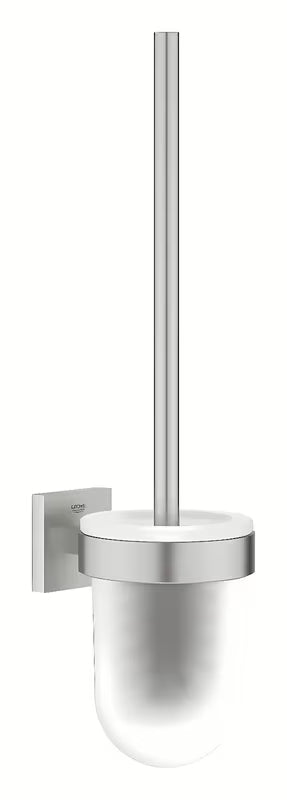 Ścienna SZCZOTKA do Wc Grohe Start Cube Accessories w wykończeniu supersteel ze szklanym pojemnikiem i ukrytym mocowaniem.