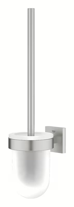 Ścienna SZCZOTKA do Wc Grohe Start Cube Accessories w wykończeniu supersteel ze szklanym pojemnikiem i ukrytym mocowaniem.