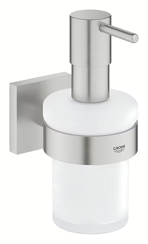 Dozownik do Mydła z uchwytem Grohe Start Cube Accessories w wykończeniu supersteel ze szklanym pojemnikiem