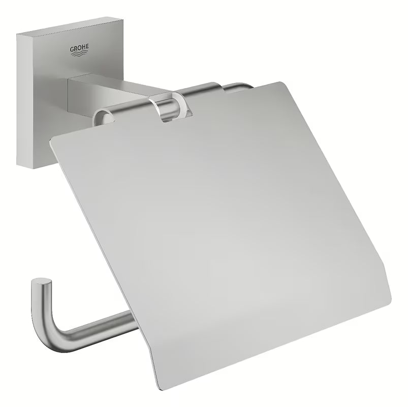 Uchwyt na papier Toaletowy Grohe Start Cube Accessories w wykończeniu supersteel z pokrywą z ukrytym mocowaniem.