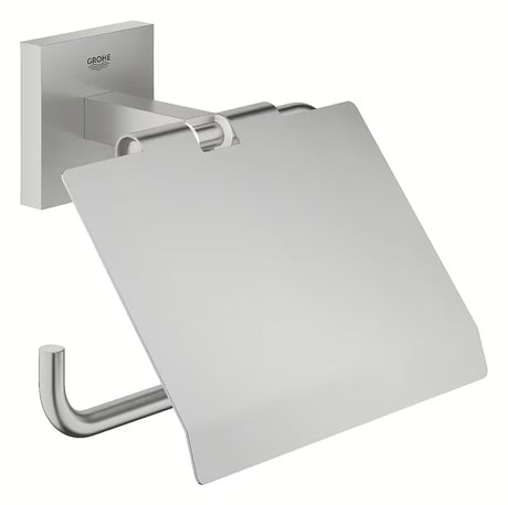 Uchwyt na papier Toaletowy Grohe Start Cube Accessories w wykończeniu supersteel z pokrywą z ukrytym mocowaniem.