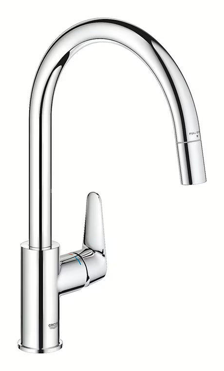 Chromowana bateria zlewozmywakowa Grohe Start Curve z wysoką obrotową wylewką i wyciąganą wylewką natryskową