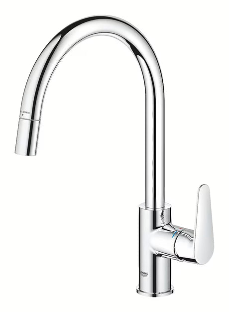 Chromowana bateria zlewozmywakowa Grohe Start Curve z wysoką obrotową wylewką i wyciąganą wylewką natryskową