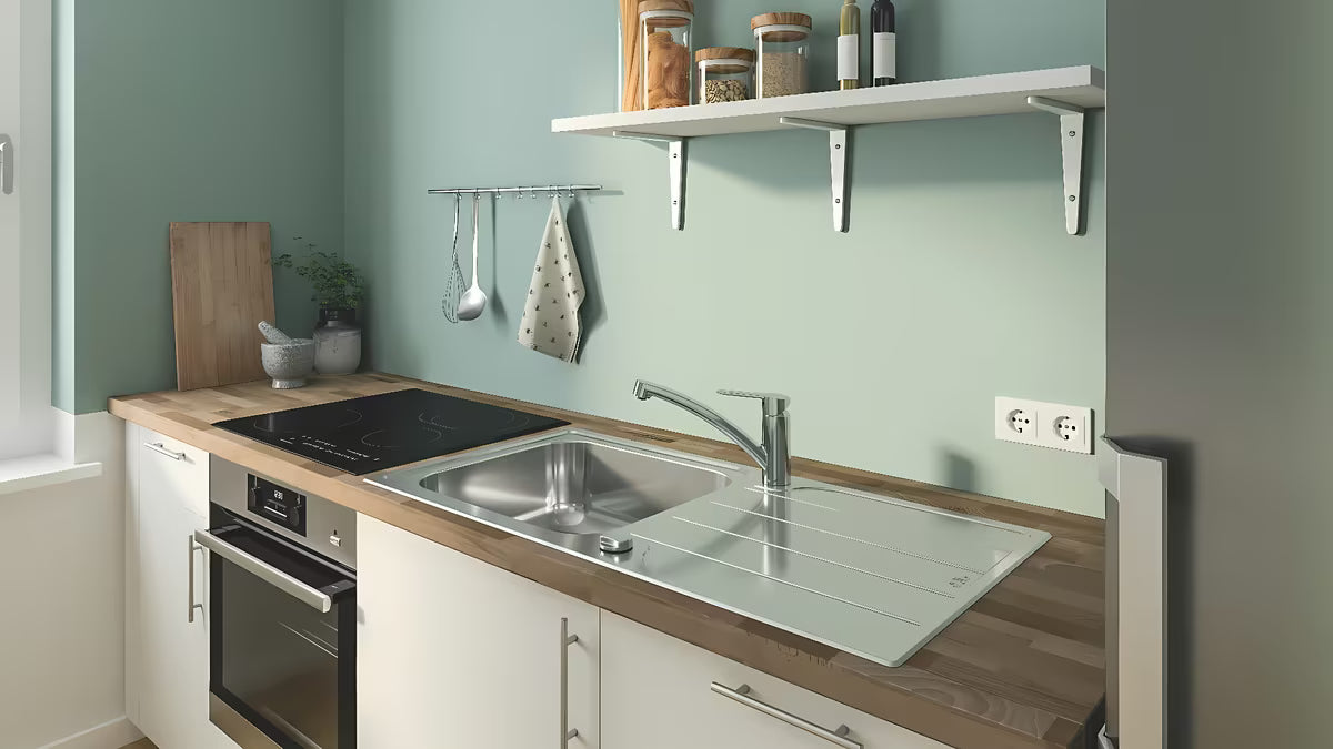 Chromowana jednouchwytowa bateria zlewozmywakowa Grohe Start Eco z niską obrotową wylewką