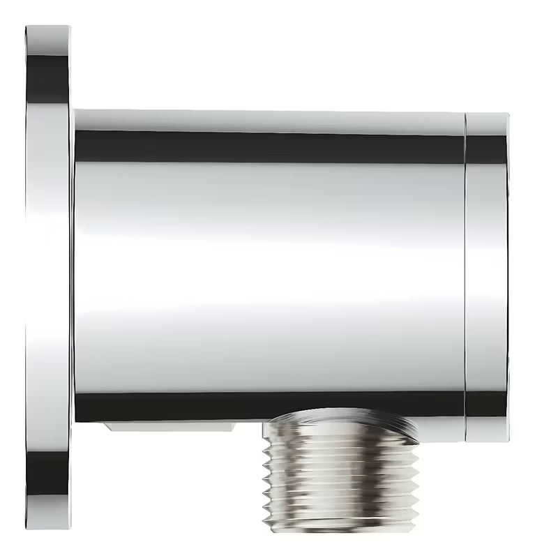 Chromowany przyłącze kątowe prysznice Grohe Tempesta z kolankiem odpływowym 1/2“ i gwintem zewnętrznym.