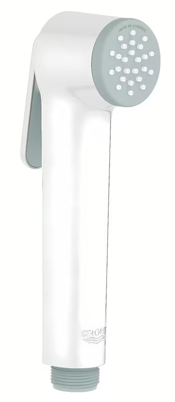 Biała prysznic bidetowy Grohe Tempesta-F Trigger Spray z przyciskiem uruchamiającym pro precyzyjną kontrolę strumienia.
