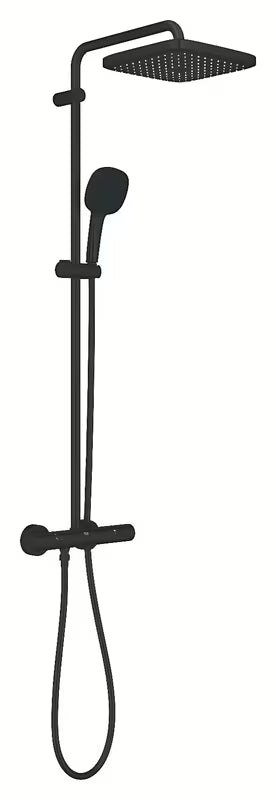 Matowo czarny system prysznicowy Grohe Tempesta System Cube z baterią termostatyczną, z deszczownicą i słuchawką prysznicową