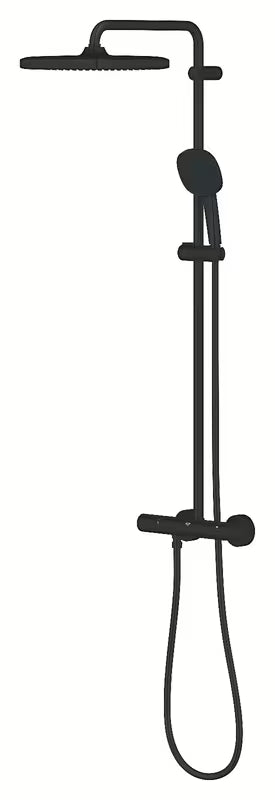 Matowo czarny system prysznicowy Grohe Tempesta System Cube z baterią termostatyczną, z deszczownicą i słuchawką prysznicową