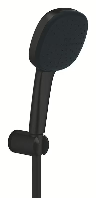 Zestaw prysznicowy Grohe Vitalio Comfort 110 w matowej czerni ze słuchawką prysznicową, wężem 1750 mm i uchwytem ściennym.