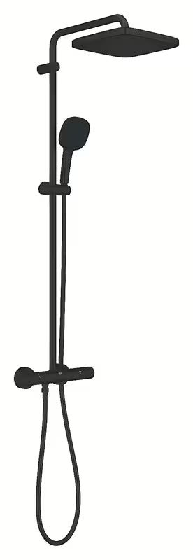 Matowo czarny system prysznicowy Grohe Vitalio Comfort 250 z baterią termostatyczną, z deszczownicą i słuchawką prysznicową