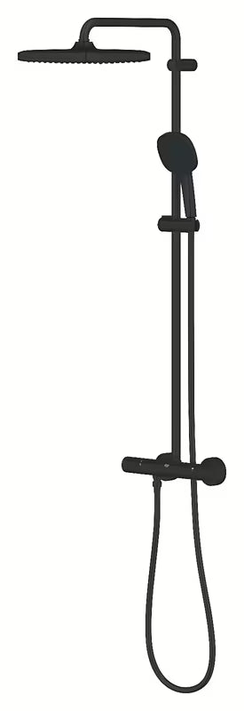 Matowo czarny system prysznicowy Grohe Vitalio Comfort 250 z baterią termostatyczną, z deszczownicą i słuchawką prysznicową