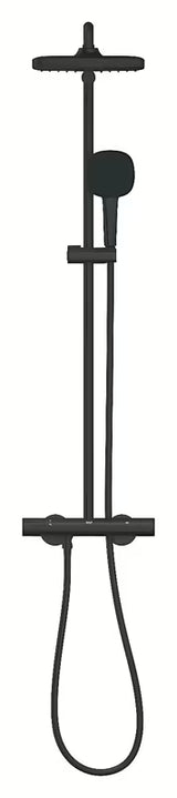 Matowo czarny system prysznicowy Grohe Vitalio Comfort 250 z baterią termostatyczną, z deszczownicą i słuchawką prysznicową