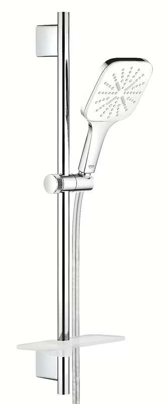 Chromowany zestaw prysznicowy Grohe Vitalio smartactive Cube ze słuchawką prysznicową z 3 strumieniami, drążkiem, wężem i półką EasyReach.