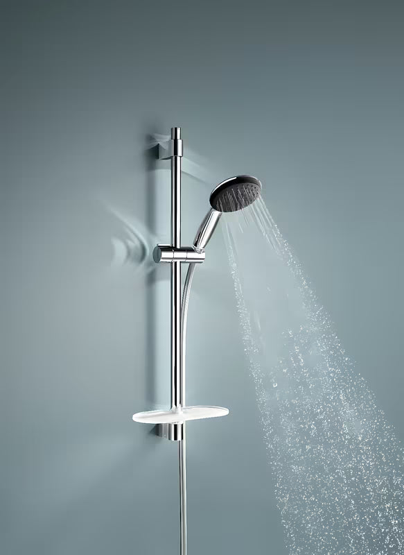 Chromowany zestaw prysznicowy Grohe Vitalio Start z słuchawką prysznicową, drążkiem, wężem i półką