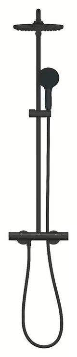 Matowo czarny system prysznicowy Grohe Vitalio Start 250 z baterią termostatyczną z deszczownicą i słuchawką prysznicową